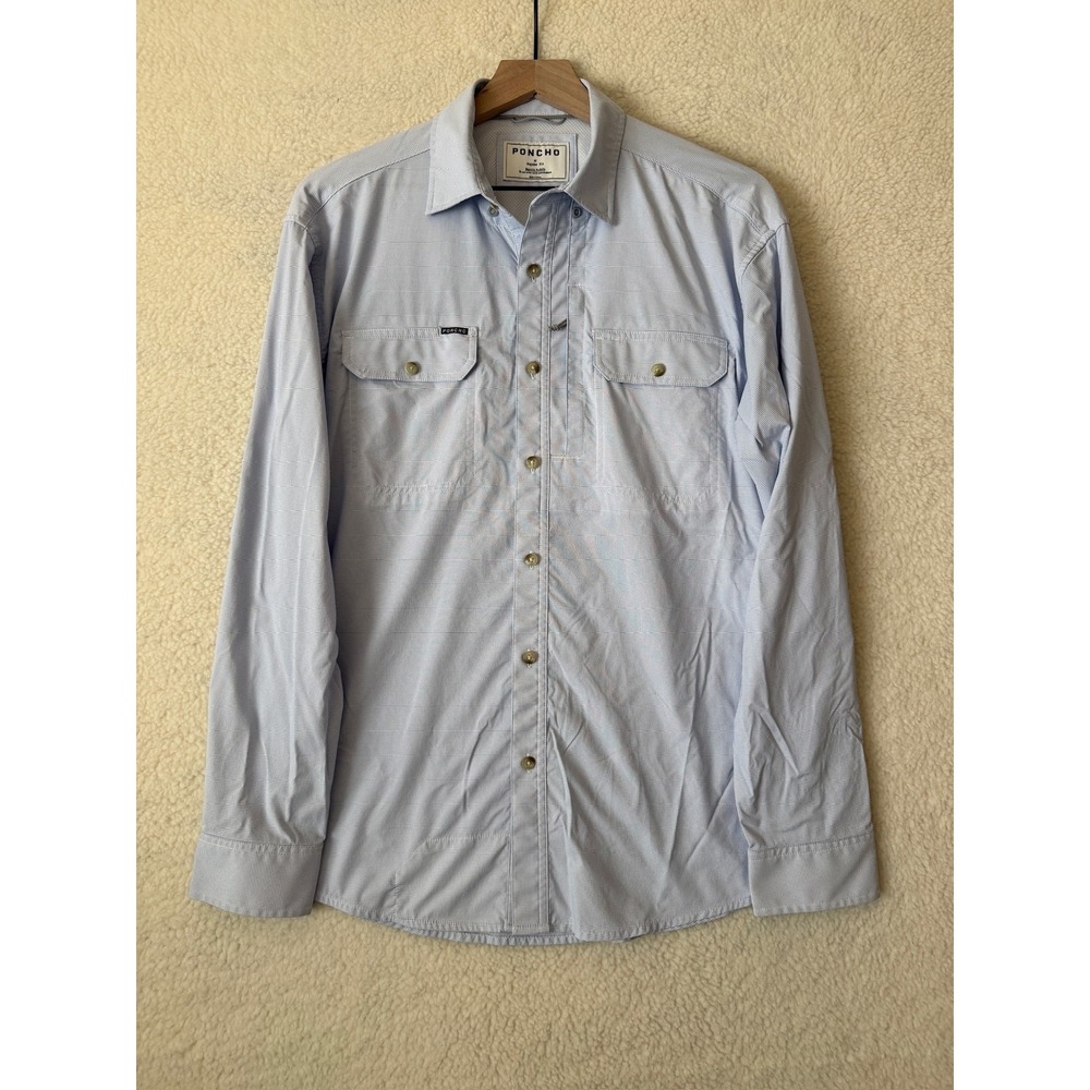 Poncho Shirt Mens Medium Blue Check Nylon Magnetic Pockets Long Sleeve Regular